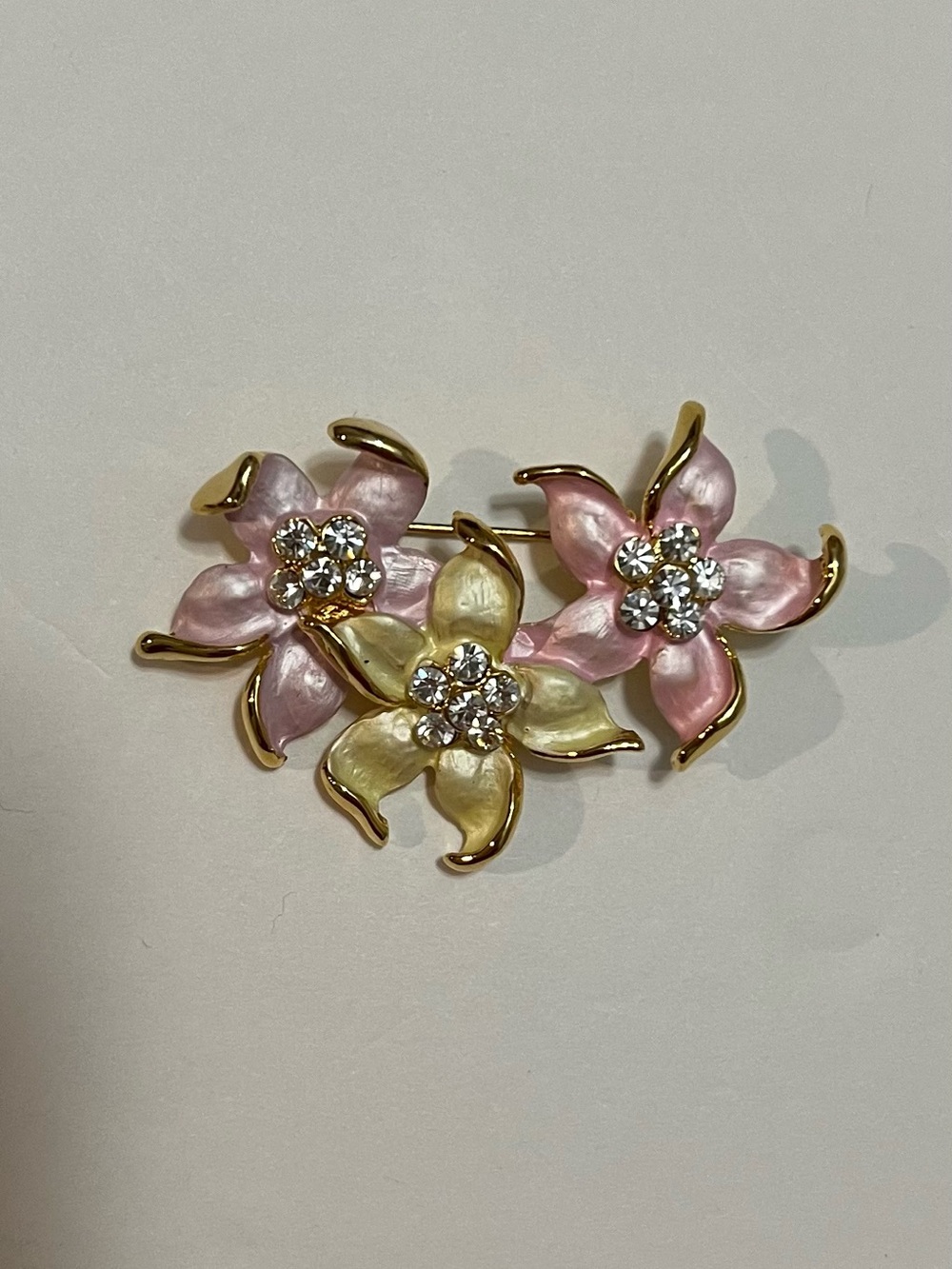 Vintage Pink Yellow Enamel Flower Brooch Rhinestone Gold Tone Floral Pin 2 Inch